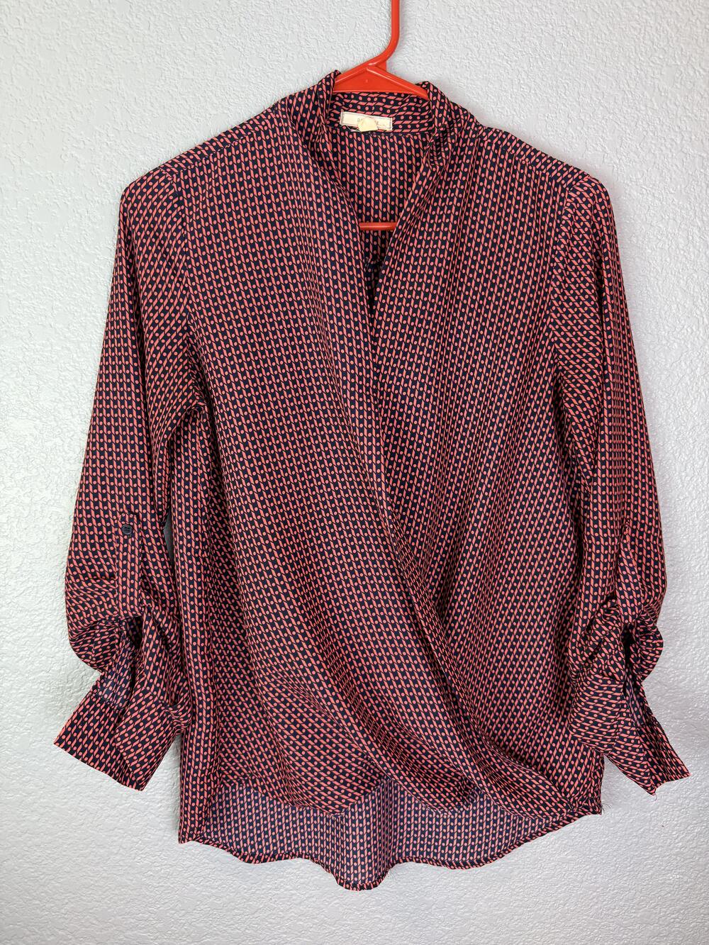 Pleione Blouse Womens XS Surplice Wrap Long Sleeve Geometric Lightweight Top